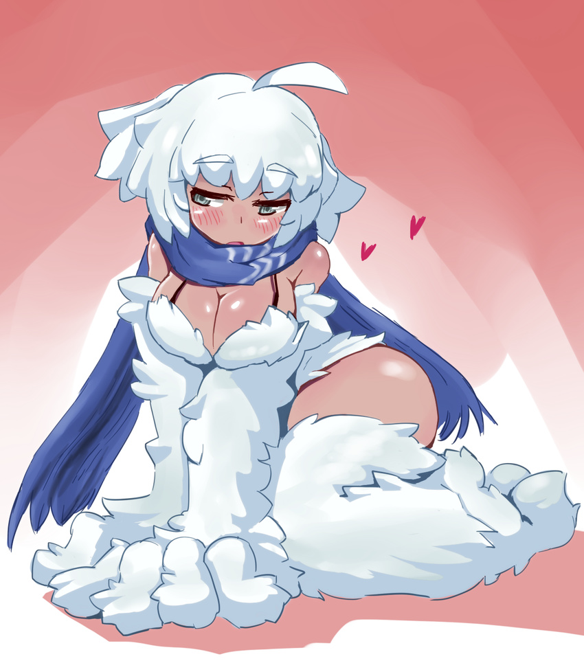 blush breasts cleavage dark_skin fur grey_eyes heart highres large_breasts monster_girl monster_girl_encyclopedia paws scarf short_hair sitting solo swimsuit white_hair yeti_(monster_girl_encyclopedia) yeti_(mu_kaiten)