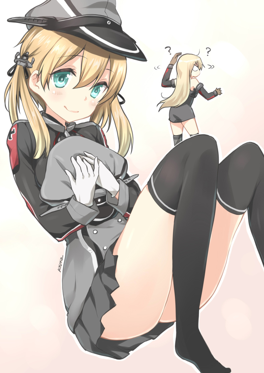 ? absurdres anchor_hair_ornament artist_name bismarck_(kantai_collection) black_legwear blonde_hair blush clothes_theft gloves gradient gradient_background grey_legwear hair_ornament hat hat_hug hat_removed headwear_removed highres kantai_collection long_hair long_sleeves looking_at_viewer military military_uniform multiple_girls no_shoes peaked_cap prinz_eugen_(kantai_collection) ryuki_(ryukisukune) searching short_hair simple_background smile theft thighhighs twintails uniform white_gloves