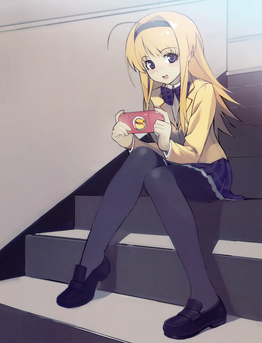 absurdres ahoge black_legwear blonde_hair blush bow bowtie chaos;head handheld_game_console highres loafers long_hair namaniku_atk nishijou_nanami pantyhose playstation_portable school_uniform shoes sitting sitting_on_stairs skirt smile solo stairs thighhighs