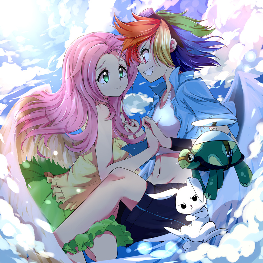 angel_(my_little_pony) aqua_eyes bare_shoulders bunny caibao cloud commentary fluttershy frilled_shirt frilled_skirt frills goggles green_eyes green_skirt highres holding_hands interlocked_fingers long_hair multicolored_hair multiple_girls my_little_pony my_little_pony_friendship_is_magic open_clothes open_shirt personification pink_hair rainbow_dash shirt short_hair shorts skirt sky smile tank_(my_little_pony) tortoise turtle very_long_hair wings yellow_shirt yuri