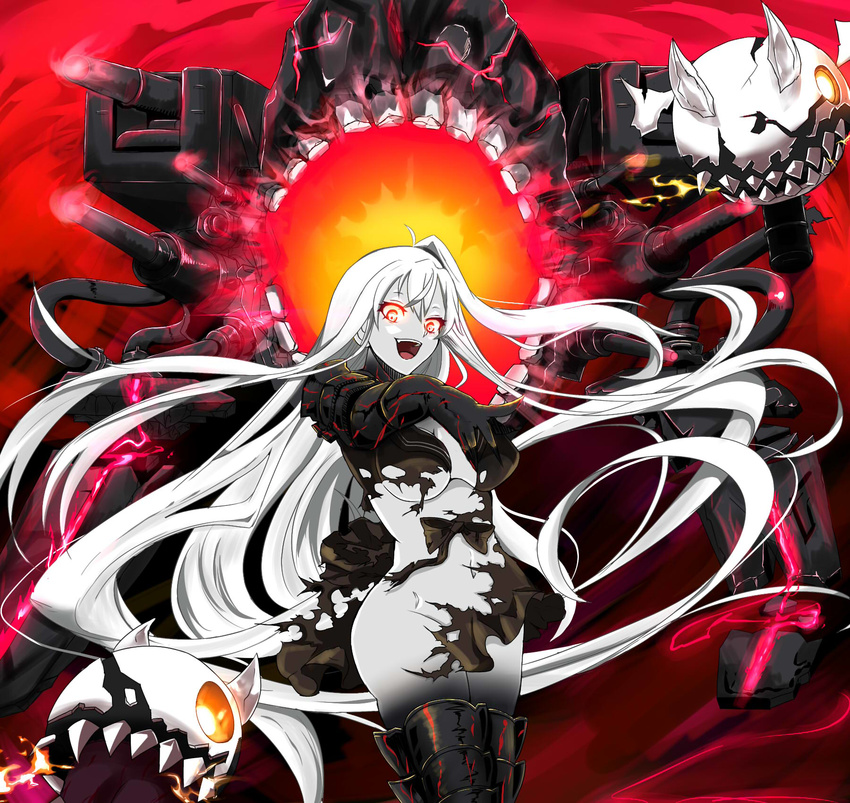 aircraft_carrier_hime armor armored_boots boots breasts gauntlets glowing glowing_eyes highres kantai_collection large_breasts long_hair one_side_up pale_skin pointing pointing_at_viewer rakku_(10219563) red_eyes shinkaisei-kan smile solo thigh_boots thighhighs torn_clothes very_long_hair white_hair