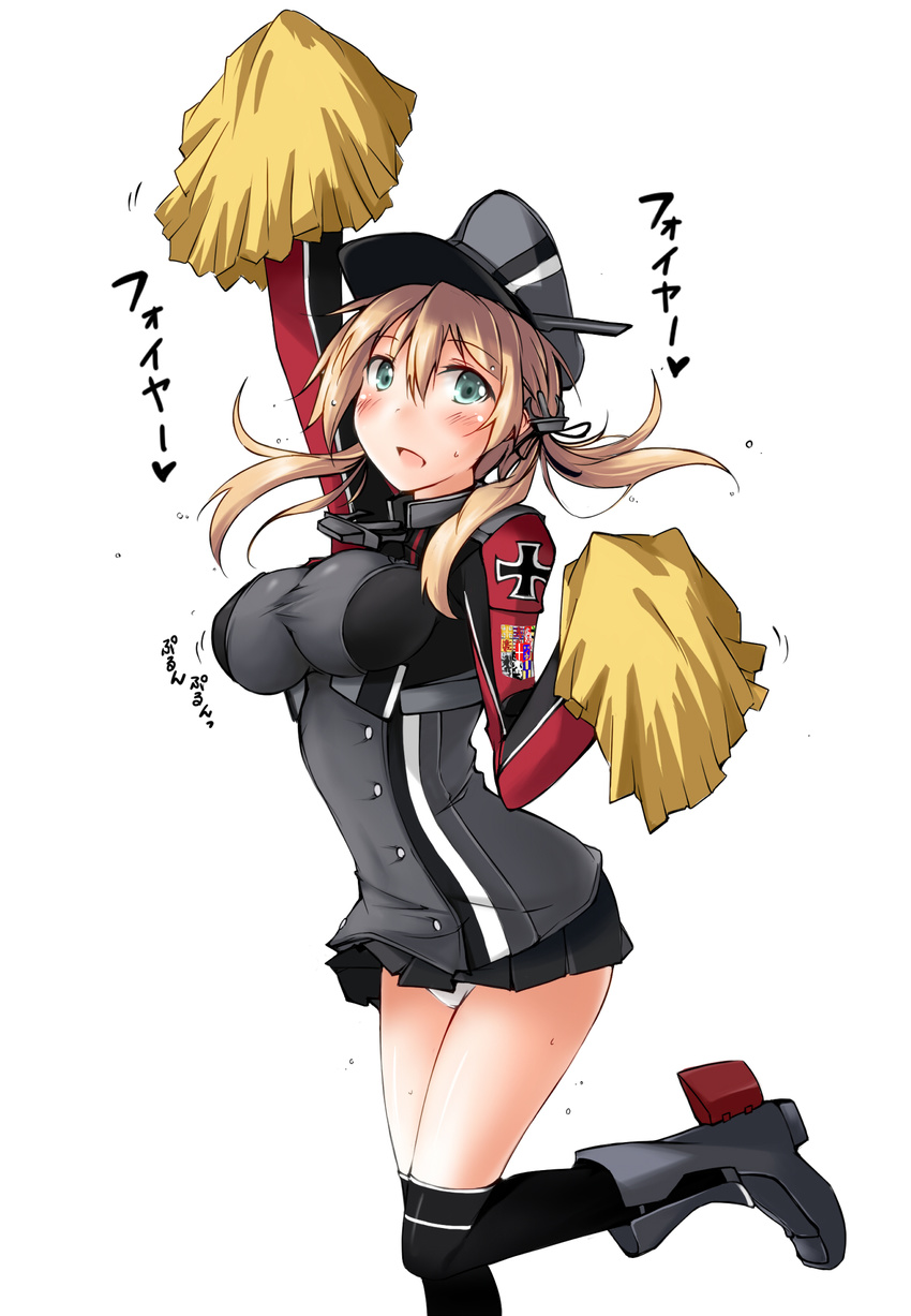 anchor_hair_ornament blonde_hair blush boots breasts gloves hair_ornament hat highres kaminagi_(kaminagi-tei) kantai_collection large_breasts long_hair long_sleeves military military_uniform miniskirt open_mouth panties pantyshot peaked_cap pom_poms prinz_eugen_(kantai_collection) simple_background skirt solo sweatdrop twintails underwear uniform white_panties