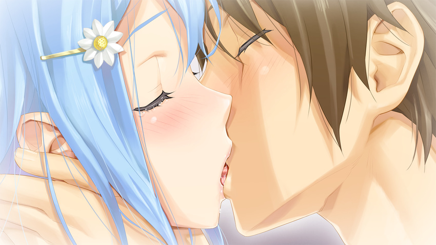 1girl bishoujo_mangekyou blue_hair blush brown_hair closed_eyes french_kiss game_cg hair_ornament hairclip happoubi_jin hetero kanzaki_akihito kiss sawatari_shizuku tears