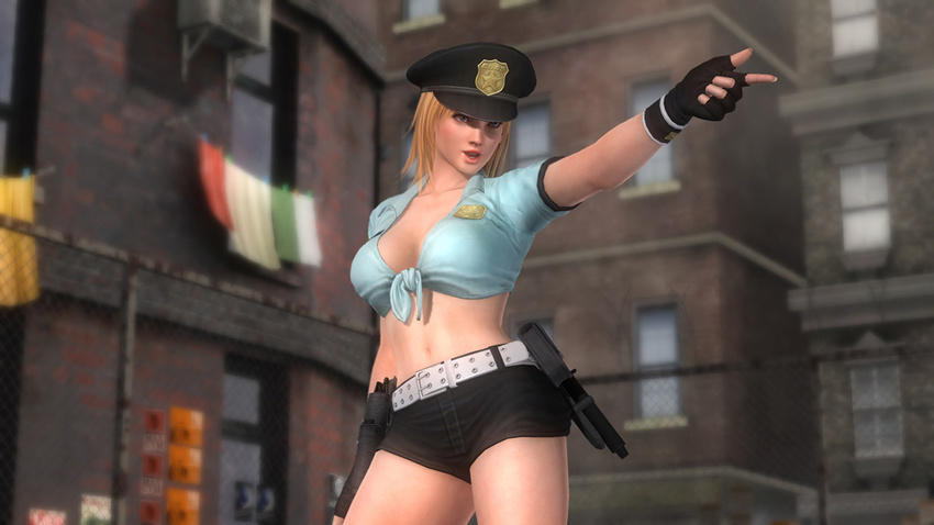 belt blonde_hair blue_eyes breasts dead_or_alive dead_or_alive_5 gloves gun holster hotpants large_breasts official_art short_shorts tina_armstrong weapon