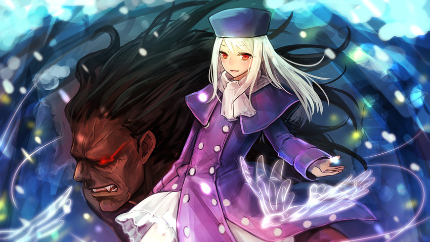 1girl bad_id bad_pixiv_id berserker black_hair fate/stay_night fate_(series) glowing glowing_eye hat illyasviel_von_einzbern long_hair purple_hat red_eyes shiobana white_hair