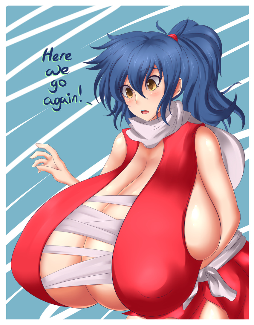 1girl blue_hair breast_expansion breasts bursting_breasts deviantart gigantic_breasts jcdr manyuu_chifusa manyuu_hikenchou no_bra ponytail scarf text yellow_eyes