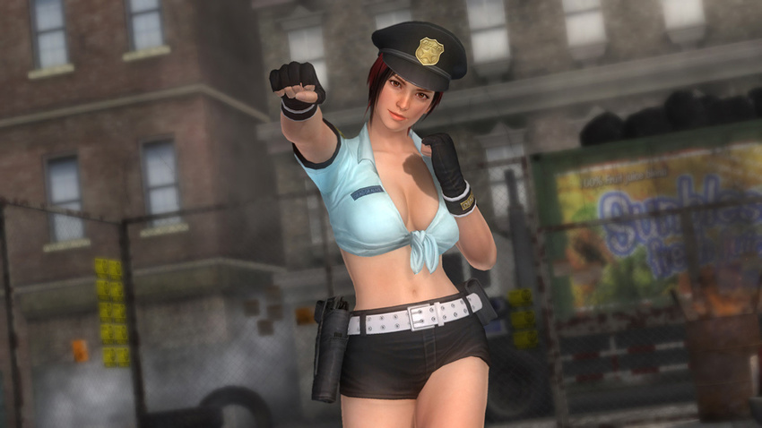 belt breasts brown_hair cleavage dead_or_alive dead_or_alive_5 dyed_hair fingerless_gloves front-tie_top gloves gun holster hotpants large_breasts midriff mila_(dead_or_alive) navel official_art police_uniform policewoman red_hair short_hair short_shorts shorts weapon