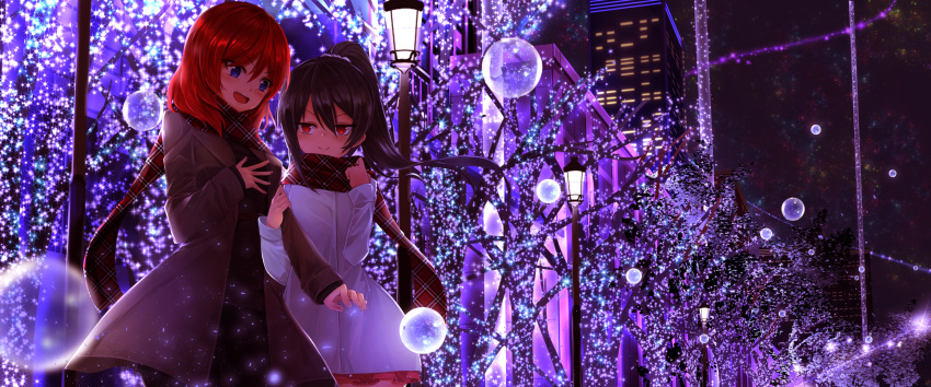 2girls alternate_hairstyle arm_grab black_hair blue_eyes bubble city coat eyebrows_visible_through_hair highres lamppost long_hair love_live! love_live!_school_idol_festival love_live!_school_idol_project multiple_girls night nishikino_maki open_mouth orein outdoors ponytail purple_eyes red_eyes red_hair scarf short_hair smile sparkle tree winter winter_clothes winter_coat yazawa_nico yuri