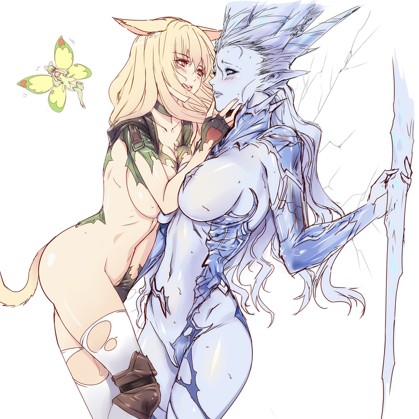 :q animal_ears blonde_hair blue_eyes blue_skin blush breasts cat_ears cat_tail covering_eyes eos_(ff14) fairy final_fantasy final_fantasy_xiv highres large_breasts licking_lips long_hair miqo'te multiple_girls navel pointy_ears q_azieru red_eyes scholar_(final_fantasy) shiva_(final_fantasy) simple_background smile tail thighhighs tongue tongue_out torn_clothes white_background white_legwear yuri