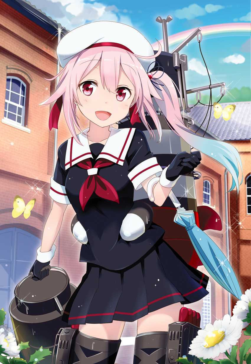 :d absurdres ayuya_naka_no_hito beret black_gloves blue_hair blush building cloud collarbone cowboy_shot day flower gloves gochou_(atemonai_heya) gradient_hair harusame_(kantai_collection) hat highres holding kantai_collection multicolored_hair open_mouth outdoors pink_hair pleated_skirt rainbow red_eyes sailor_collar short_sleeves side_ponytail skirt smile solo sparkle two-tone_hair umbrella