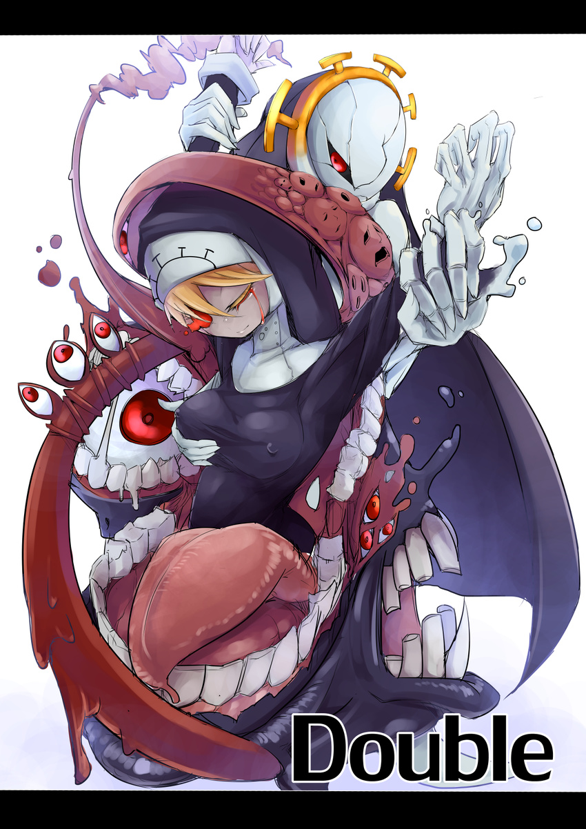 1girl amaneiro blonde_hair blood breast_grab double_(skullgirls) dual_persona erect_nipples female grabbing letterbox letterboxed monster nun red_eyes skullgirls solo teeth