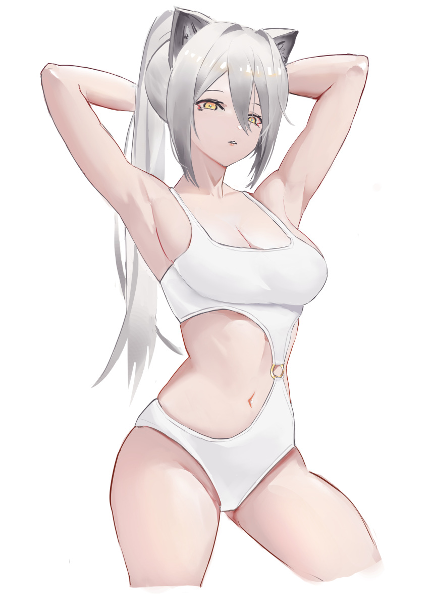1girl absurdres animal_ears arknights armpits arms_behind_head arms_up bangs bare_arms bare_shoulders breasts cat_ears cleavage commentary_request cowboy_shot groin hair_between_eyes highres large_breasts long_hair looking_at_viewer navel one-piece_swimsuit parted_lips ponytail schwarz_(arknights) simple_background solo standing stomach swimsuit thighs very_long_hair white_background white_hair white_swimsuit yellow_eyes yuanqi_(chriu)