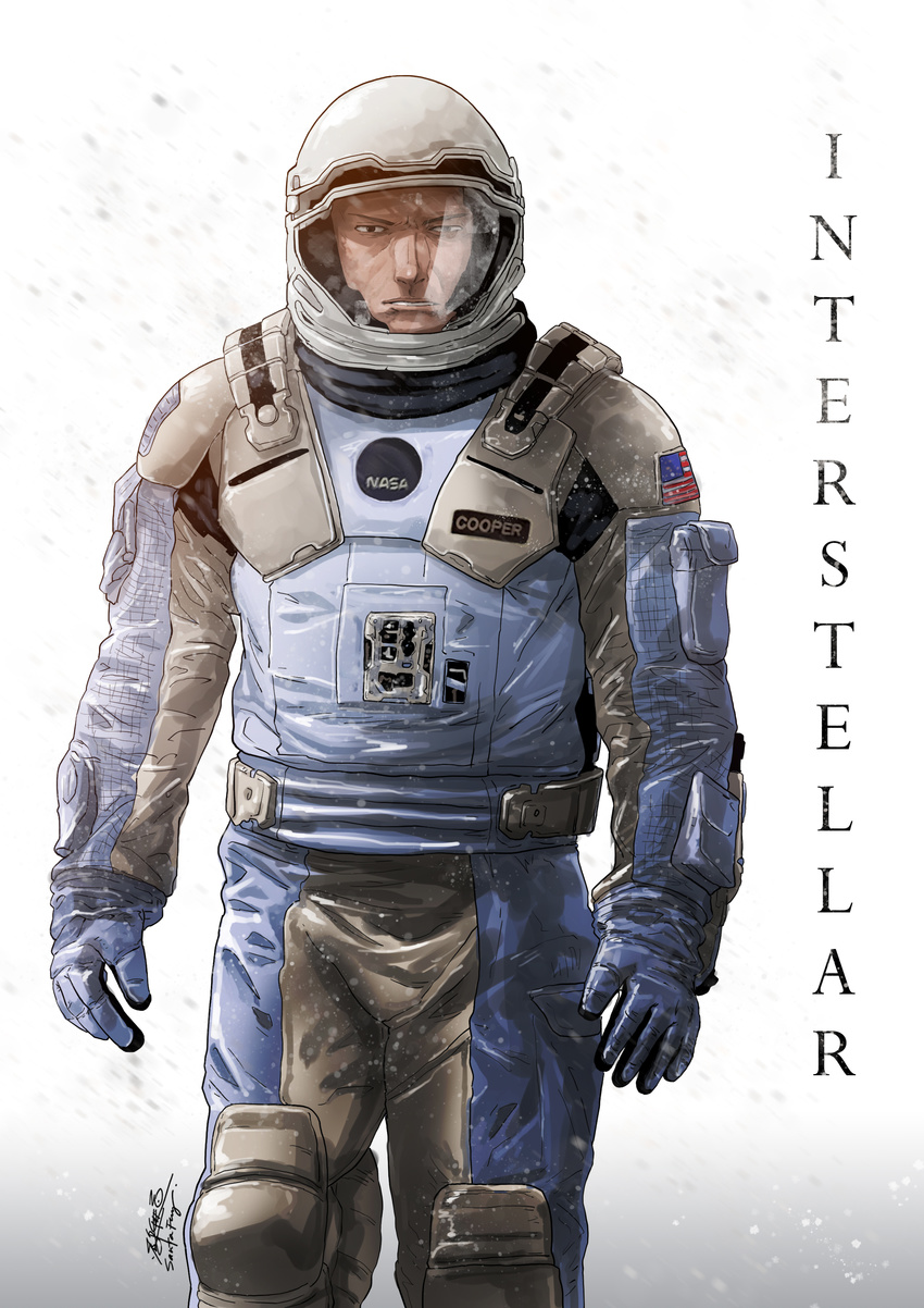 absurdres astronaut helmet highres interstellar_(movie) joseph_cooper male_focus name_tag santa_fung solo spacesuit