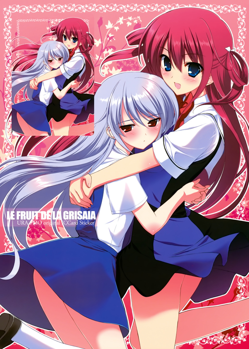 absurdres blue_eyes blue_hair blush fumio_(ura_fmo) grisaia_(series) grisaia_no_kajitsu height_difference highres hug kazami_kazuki long_hair multiple_girls red_eyes red_hair school_uniform suou_amane