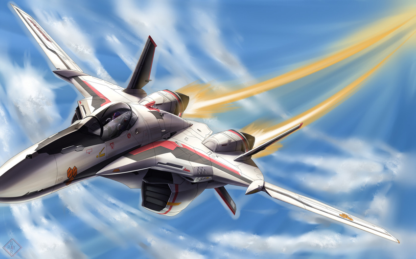 aircraft airplane cloud day flying henry_gilliam highres image_sample jet macross macross_frontier mecha pilot_suit pixiv_sample raybar saotome_alto sky vf-25