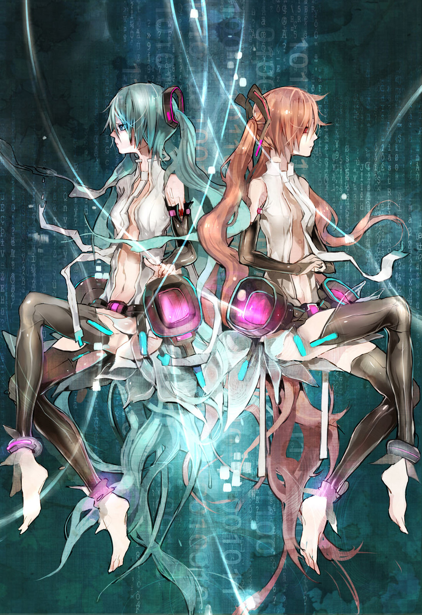 alternate_hair_color aqua_hair barefoot belt binary bridal_gauntlets dual_persona elbow_gloves fingerless_gloves gloves hatsune_miku hatsune_miku_(append) highres long_hair multiple_girls navel necktie red_eyes red_hair sakura_miku susu symmetry toeless_legwear twintails very_long_hair vocaloid vocaloid_append yuki_miku