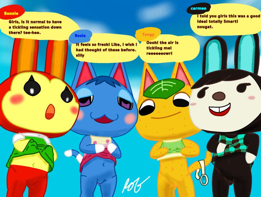 animal_crossing anthro blush bottom_view bottomwear bunnie_(animal_crossing) carmen_(animal_crossing) clothed clothing clothing_lift dialogue el english_text felid feline female good_girl group hi_res lagomorph looking_down mammal nintendo outside provo provocative raised_bottomwear raised_clothing raised_skirt rob-posa rosie_(animal_crossing) skirt skirt_lift speech_bubble standing tangy_(animal_crossing) text