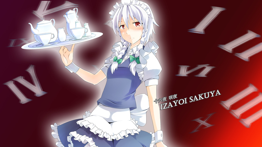 anson braid cup highres izayoi_sakuya maid maid_headdress short_hair silver_hair solo teacup teapot touhou twin_braids