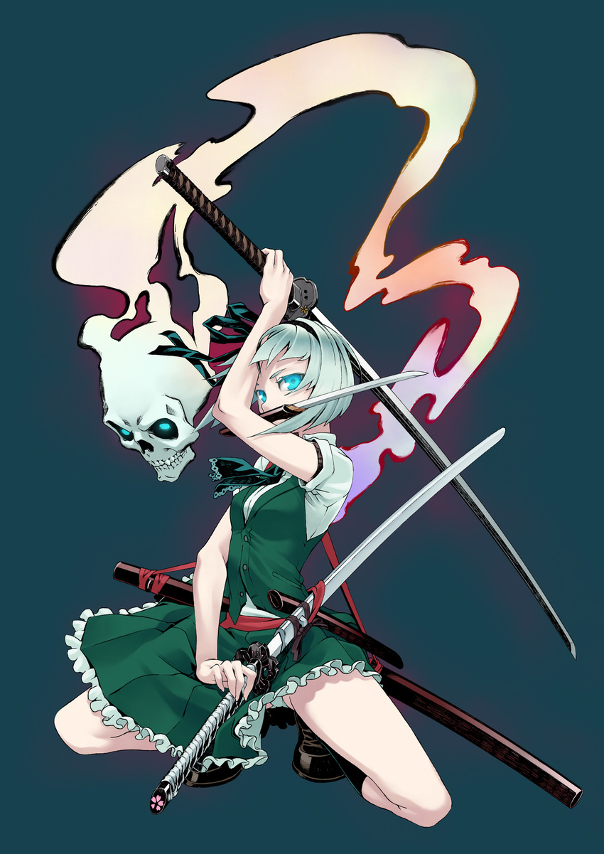 alternate_weapon bad_id bad_pixiv_id blue_eyes blue_panties colored_eyelashes eyelashes full_body ghost glowing glowing_eyes green_hair highres katana knife konpaku_youmu konpaku_youmu_(ghost) looking_at_viewer mouth_hold one_knee panties pantyshot pantyshot_(one_knee) pantyshot_(squatting) sheath silver_hair simple_background skull solo squatting sword takanashi_ho tantou touhou triple_wielding underwear unsheathing wakizashi weapon white_panties