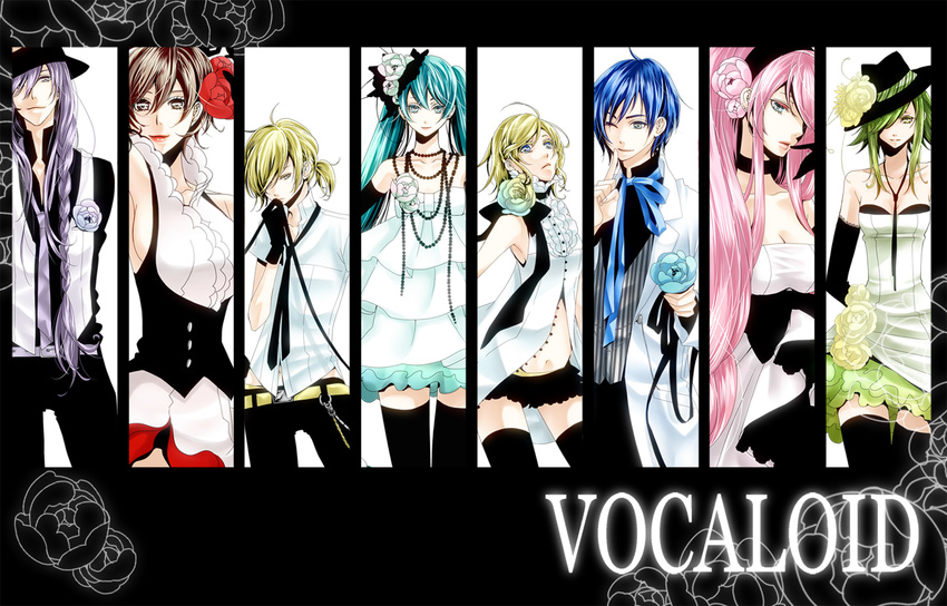 5girls aqua_eyes aqua_hair bad_id bad_pixiv_id blonde_hair blue_eyes blue_hair brown_eyes brown_hair column_lineup dress fedora flower formal frills gathers green_eyes green_hair gumi hair_flower hair_ornament hairband haruma_(high_drop) hat hatsune_miku highres kagamine_len kagamine_rin kaito kamui_gakupo long_hair megurine_luka meiko multiple_boys multiple_girls pink_hair purple_hair short_hair smile thighhighs twintails very_long_hair vocaloid white_dress