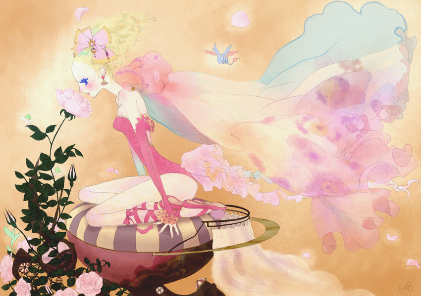 ballet_slippers blonde_hair blue_eyes cape detached_sleeves dragon earrings fairy final_fantasy final_fantasy_vi flower hair_ribbon jewelry necklace noromi pearl_necklace petals pink_flower pink_rose ponytail ribbon rose rose_petals shoe_ribbon solo tina_branford