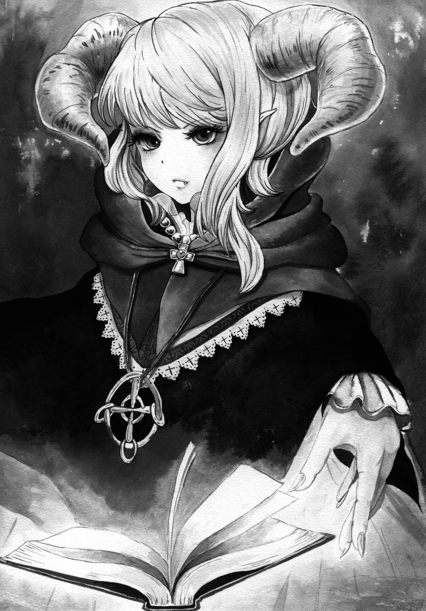 absurdres book fangs greyscale highres horns jewelry monochrome necklace original pointy_ears solo yamanashi_mashiro