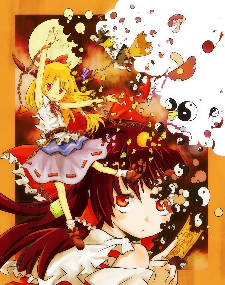 :/ \o/ armpits arms_up bad_id bad_pixiv_id blonde_hair brown_hair chain dissolving gourd hakurei_reimu highres horns ibuki_suika issin. kirisame_marisa long_hair multiple_girls mushroom ofuda outstretched_arms red_eyes touhou yin_yang