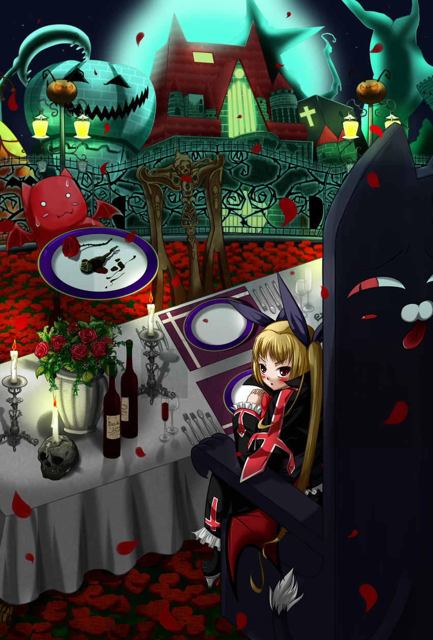 absurdres bad_id bad_pixiv_id blazblue blonde_hair candle castle flower fork gii heel-less_platform_footwear highres hoihoisan2 long_hair nago petals plant platform_footwear rachel_alucard red_eyes red_flower red_rose ribbon rose rose_petals shoes skull solo spoon table umbrella vines