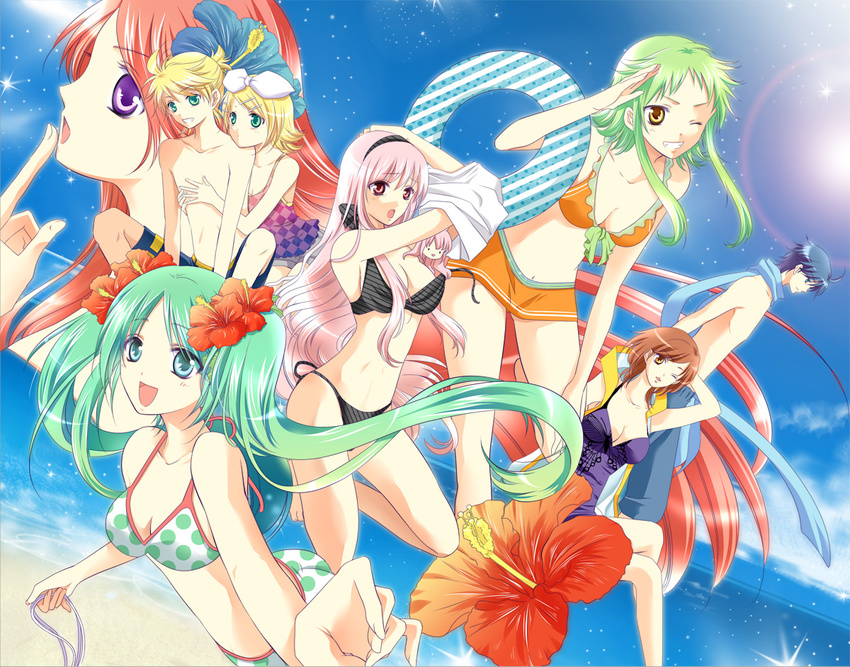 6+girls awami_kisa bad_id bad_pixiv_id beach bikini blue_scarf day dual_persona flower green_hair gumi hair_flower hair_ornament hatsune_miku hibiscus innertube kagamine_len kagamine_rin kaito legs long_hair megurine_luka meiko multiple_boys multiple_girls outdoors salute scarf sf-a2_miki swimsuit takoluka twintails very_long_hair vocaloid water