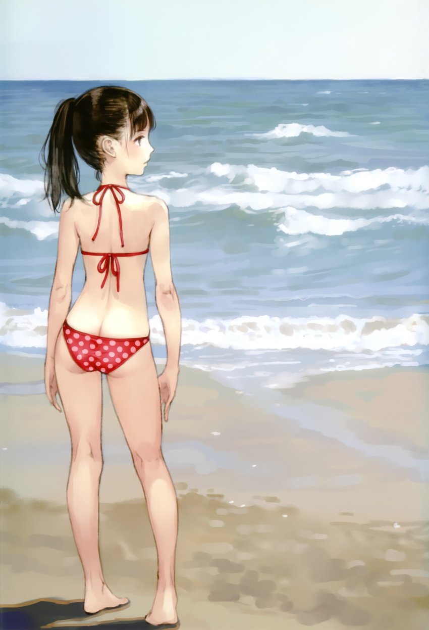 absurdres ass back bare_shoulders barefoot beach bikini black_hair butt_crack day highres kishida_mel kneepits legs ocean original outdoors polka_dot polka_dot_bikini polka_dot_swimsuit ponytail solo swimsuit