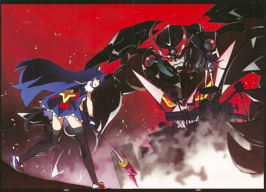 animal_ears battle cat_ears darry_adai epic gurren-lagann highres kiyal kiyalunga long_hair magical_girl mecha multiple_girls purple_hair scan shadow skirt tail tengen_toppa_gurren_lagann tengen_toppa_gurren_lagann:_parallel_works thighhighs wand yamaguchi_satoshi