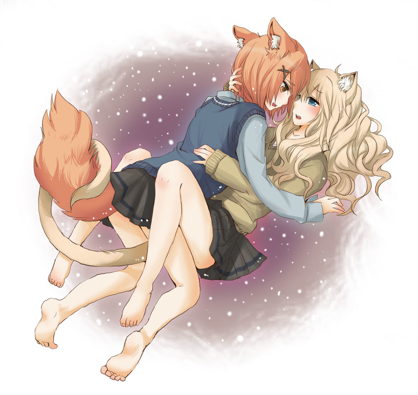 animal_ears barefoot between_legs blonde_hair blue_eyes blush brown_eyes cat_ears cat_tail couple dog_ears dog_tail eye_contact feet girl_on_top hair_ornament hairclip hand_behind_head highres intertwined_tails legs long_hair looking_at_another lying multiple_girls nekoya_saki open_mouth original profile red_hair school_uniform sweater tail vest yuri