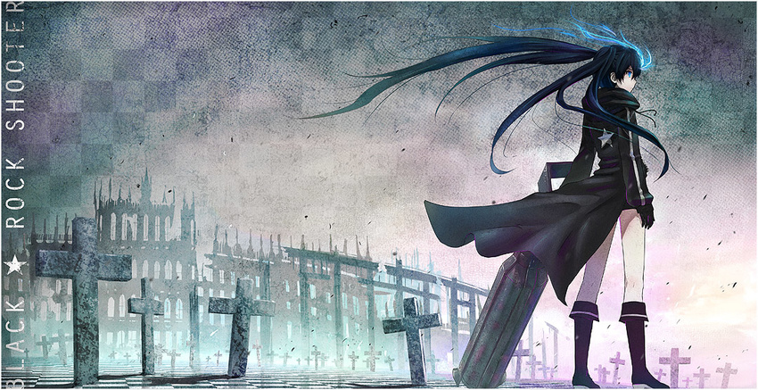 arm_cannon bad_id bad_pixiv_id black_hair black_rock_shooter black_rock_shooter_(character) blue_eyes boots cross gloves graveyard long_hair p_(zzaazz) solo twintails weapon