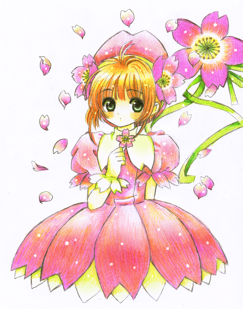 bad_id bad_pixiv_id blush cardcaptor_sakura colored_pencil_(medium) dress flower green_eyes hair_flower hair_ornament hat highres kinomoto_sakura petals pink_hat sakura_(ayanos0516) short_hair solo traditional_media