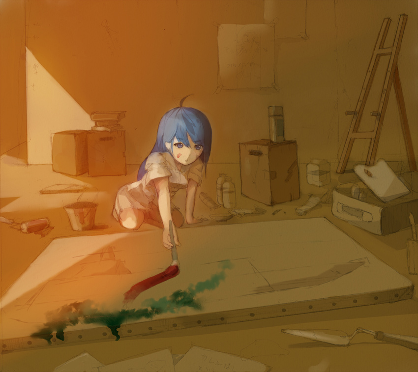 ahoge art_brush blue_eyes blue_hair bucket canvas_(object) easel highres kayama_shina long_hair original paint paintbrush painting sketch solo trowel