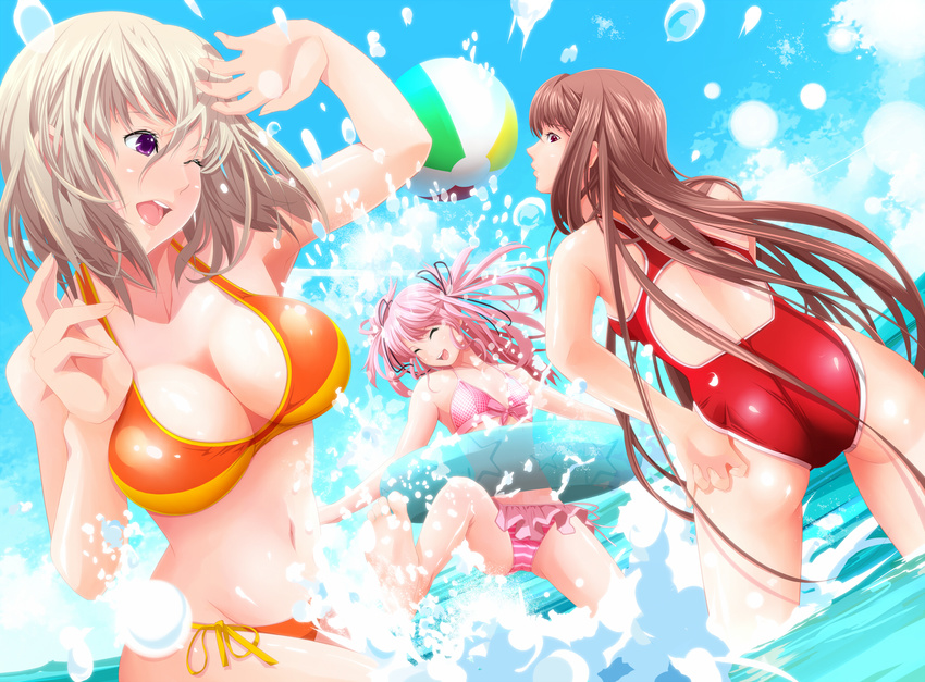 adjusting_clothes adjusting_swimsuit ass ball bangs bare_arms beachball bikini blonde_hair breasts brown_hair cleavage closed_eyes competition_swimsuit day highres large_breasts long_hair looking_back multiple_girls navel ocean one-piece_swimsuit one_eye_closed open_mouth original outdoors pink_hair short_hair side-tie_bikini splashing swimsuit tsukumo twintails water