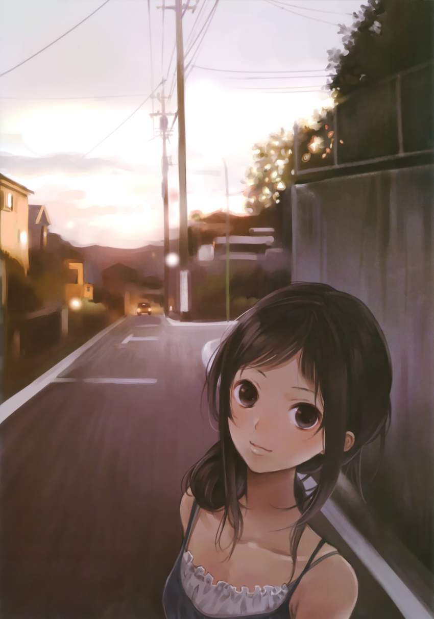 absurdres black_hair brown_eyes car ground_vehicle highres house kishida_mel light_smile looking_at_viewer motor_vehicle original power_lines road solo street telephone_pole transformer vanishing_point