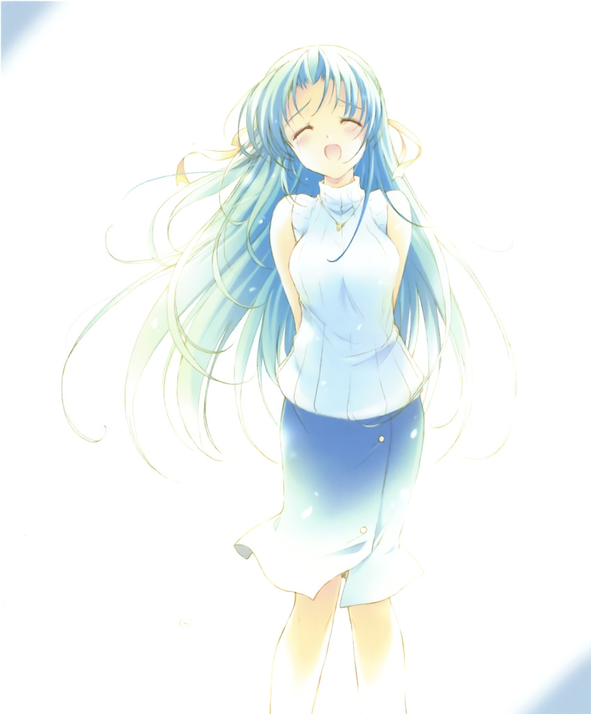 arms_behind_back closed_eyes floating_hair fujiwara_warawara green_hair hair_ribbon highres higurashi_no_naku_koro_ni jewelry long_hair necklace official_art ribbon skirt sleeveless smile solo sonozaki_shion standing tears white