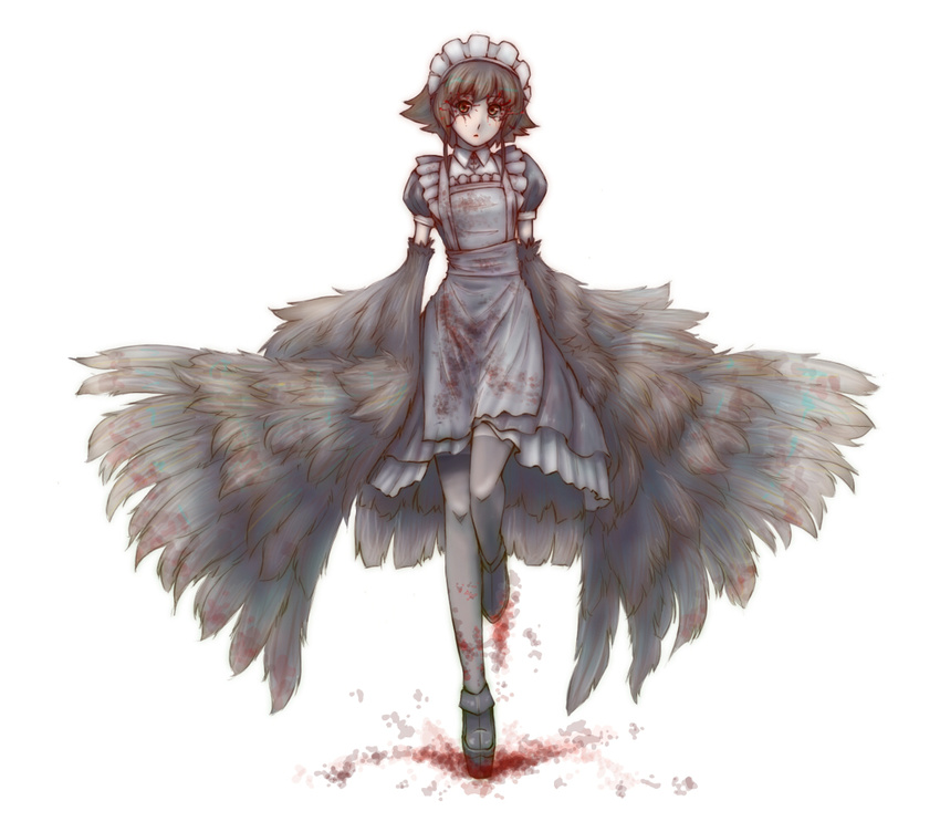 apron blood dress feathered_wings feathers full_body futaba_channel gustav_(telomere_na) harpy legs maid maid_headdress monster_girl nijiura_maids short_hair simple_background solo standing standing_on_one_leg thighhighs wings yabai