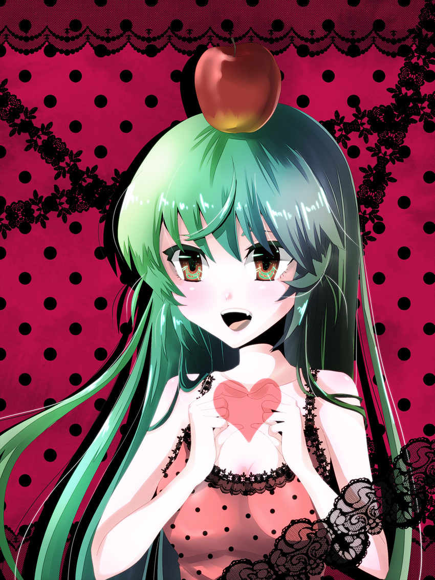 alternate_hairstyle apple bad_id bad_pixiv_id bare_shoulders breasts brown_eyes camisole cleavage fangs food fruit green_hair hatsune_miku heart heart_hands highres lace long_hair medium_breasts on_head romeo_to_cinderella_(vocaloid) solo vocaloid yamineko