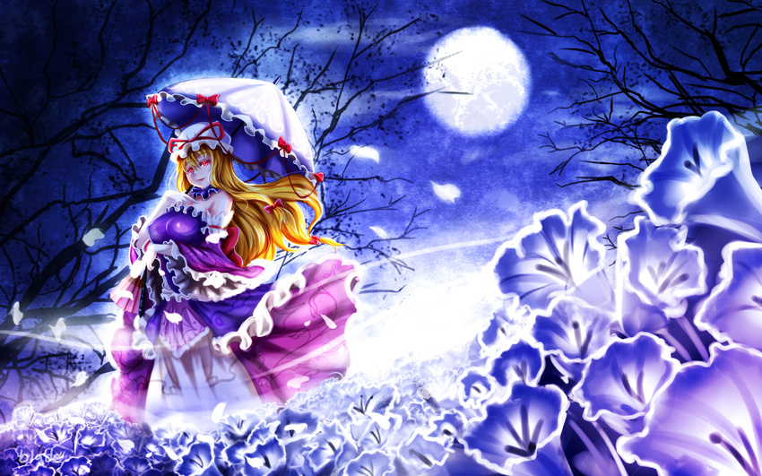 blonde_hair breasts closed_fan dress elbow_gloves fan flower folding_fan frilled_dress frills full_moon gloves glowing glowing_eyes hat long_hair medium_breasts moon night purple_eyes qblade solo touhou umbrella yakumo_yukari