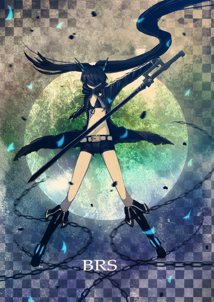 absurdres belt bikini_top black_hair black_rock_shooter black_rock_shooter_(character) boots chain checkered gloves highres jacket knee_boots long_hair midriff navel pinfan scar short_shorts shorts solo star stitches sword twintails weapon zipper