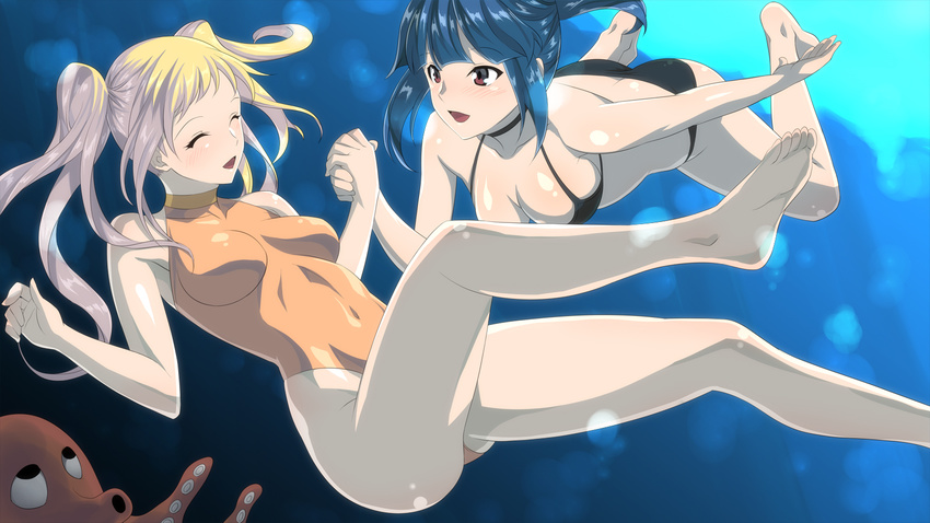 barefoot bikini black_eyes blonde_hair blue_hair closed_eyes feet freediving highres legs multiple_girls octopus one-piece_swimsuit original shin'ya_(shin'yanchi) smile swimming swimsuit turtleneck twintails underwater yuri