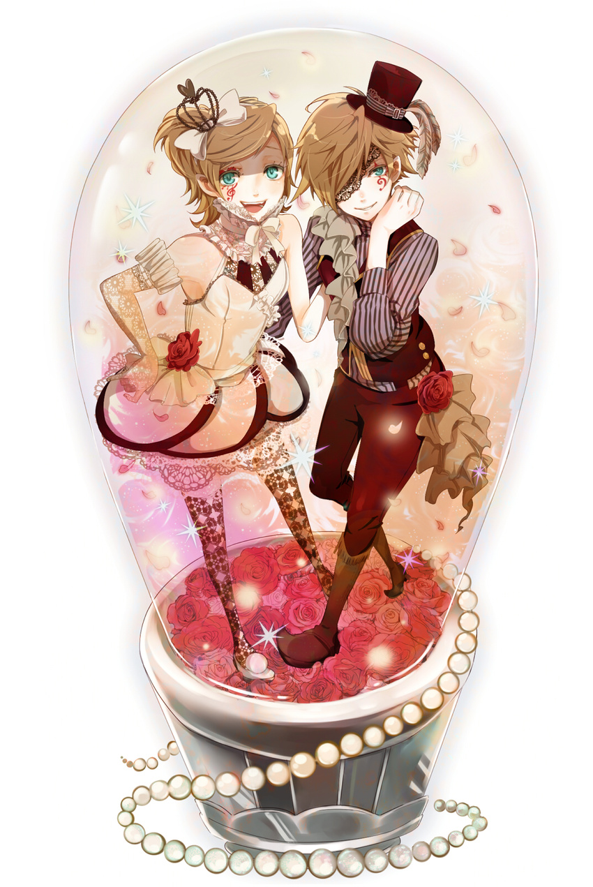 1girl aqua_eyes bass_clef blonde_hair boots bow brother_and_sister facial_mark flower hair_bow hair_over_one_eye hair_ribbon hat highres isago_(ica) kagamine_len kagamine_rin mini_hat mini_top_hat pearl petals red_flower red_rose ribbon rose rose_petals short_hair siblings thighhighs top_hat treble_clef twins vocaloid