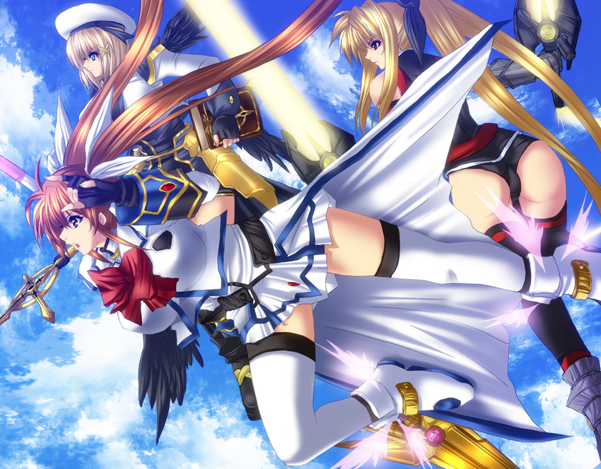 ass bad_id bad_pixiv_id bardiche blue_sky bow bowtie breasts brown_hair cloud day fate_testarossa fingerless_gloves floating_hair full_body gloves hat jacket juri_(shiningred) large_breasts long_sleeves lyrical_nanoha magical_girl mahou_shoujo_lyrical_nanoha_strikers miniskirt multiple_girls open_clothes open_jacket outdoors puffy_sleeves raising_heart red_bow red_neckwear rod schwertkreuz shoes skirt sky staff takamachi_nanoha thighhighs twintails uniform waist_cape winged_shoes wings yagami_hayate zettai_ryouiki