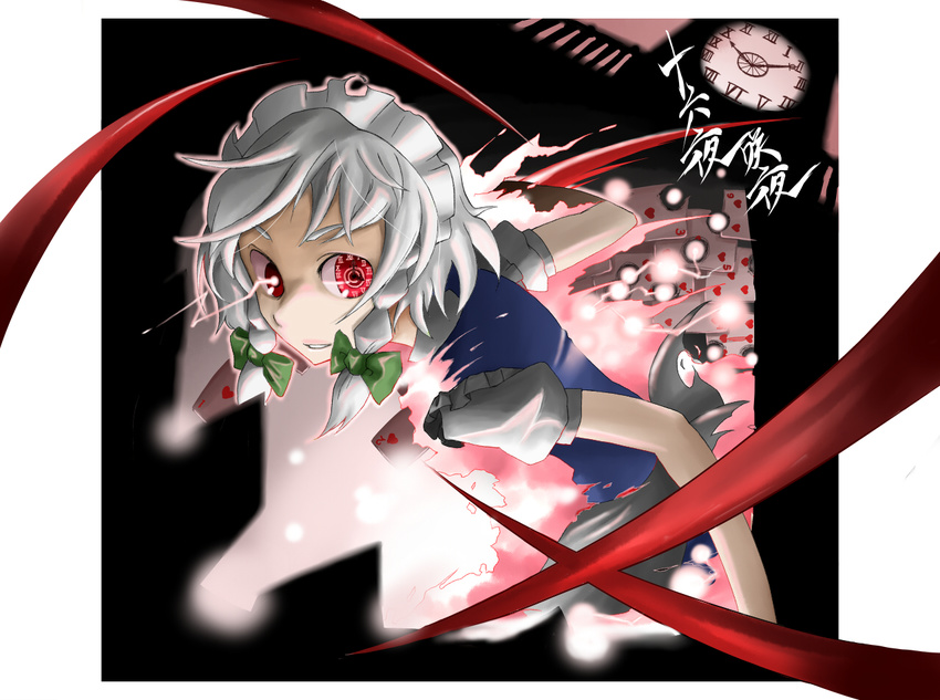 braid card clock daitai_konna_kanji face floating_card izayoi_sakuya maid red_eyes short_hair silver_hair solo touhou twin_braids