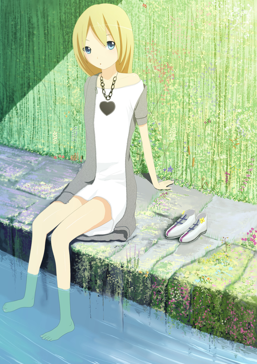 absurdres bad_id bad_pixiv_id barefoot blonde_hair blue_eyes copyright_request feet flower heart highres jewelry kuresu_(alice-pma) ledge long_hair moss necklace off_shoulder shoes sitting soaking_feet solo unzipped wall water zipper