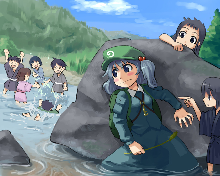 3boys aka-kabuto_no_gema androgynous backpack bag blue_eyes blue_hair blush_stickers child hair_bobbles hair_ornament hat hiding japanese_clothes kawashiro_nitori multiple_boys multiple_girls playing short_hair splashing touhou twintails two_side_up water