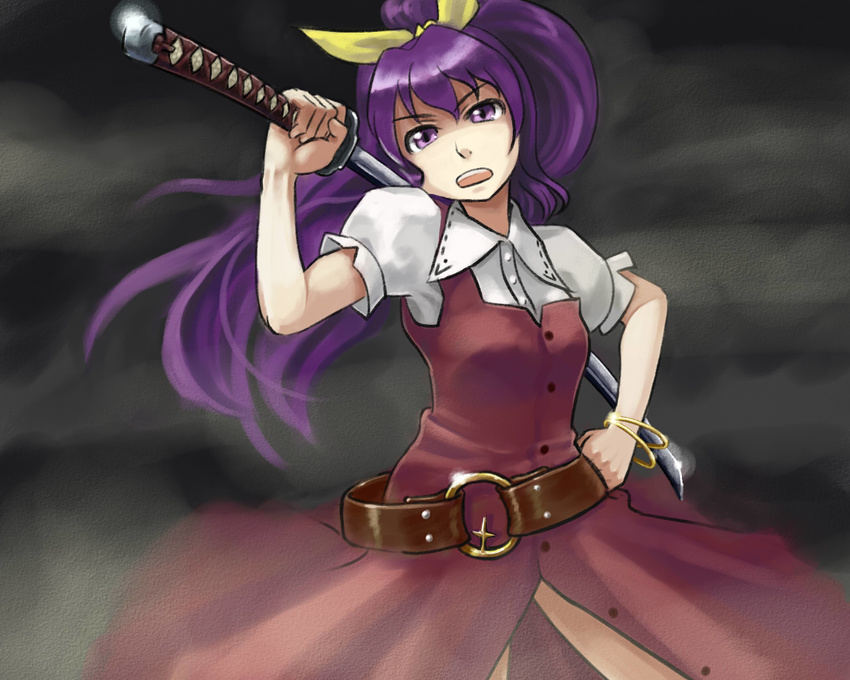 aka-kabuto_no_gema belt bow bracelet hair_bow hand_on_hip jewelry katana long_hair over_shoulder ponytail purple_eyes purple_hair solo sword sword_over_shoulder touhou wallpaper watatsuki_no_yorihime weapon weapon_over_shoulder