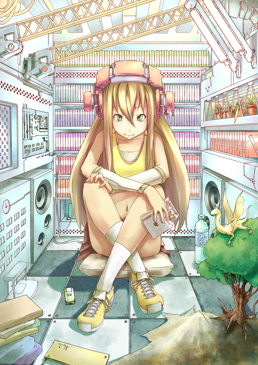 akakatta bad_id bad_pixiv_id blonde_hair bookshelf bottle cellphone dragon green_eyes headphones highres long_hair manga_(object) original phone shoes skirt sneakers solo speaker stereo tree